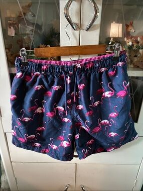 Primark sz M Navy Flamingo Print Swim Shorts euc